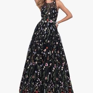 Long black floral embroidered prom dress